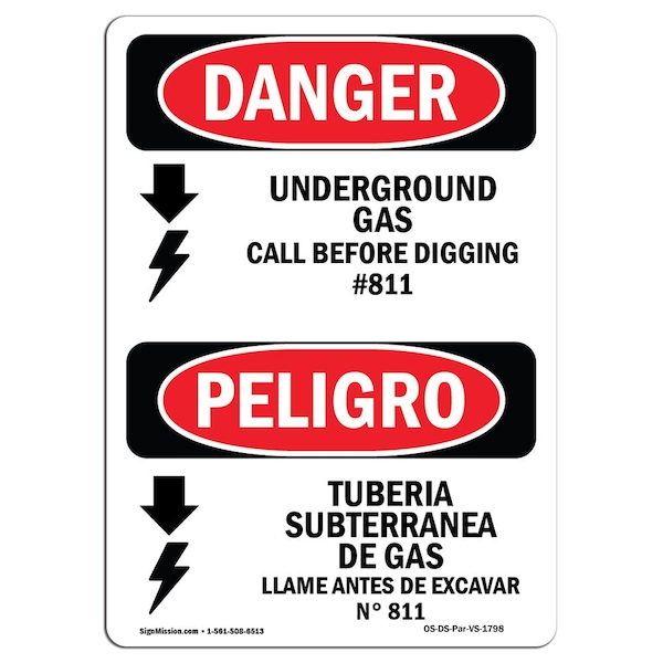 Signmission OSHA Sign, 10" Height, Rigid Plastic, Underground Gas Call No. 811 Spanish, VS-1798 OS-DS-P-710-VS-1798 - main